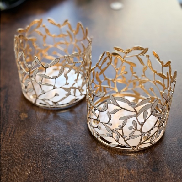 BATH & BODY WORKS White Sparkling Golden Vines Candle Holder Set of 2 - Picture 4 of 6